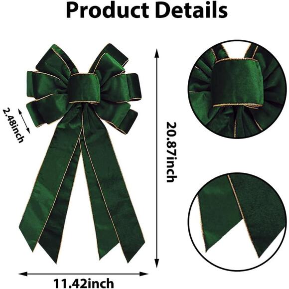 Vintage Green Wreath Bow 20x11 Inch Velvet Tree Topper Golden Edge Xmas - Picture 3 of 5
